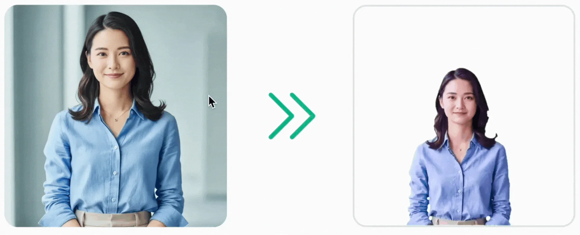 女性のポートレート。背景が異なる2枚の画像を比較しており、背景除去のプロセスを示唆しています。女性は青いシャツを着て笑顔です。