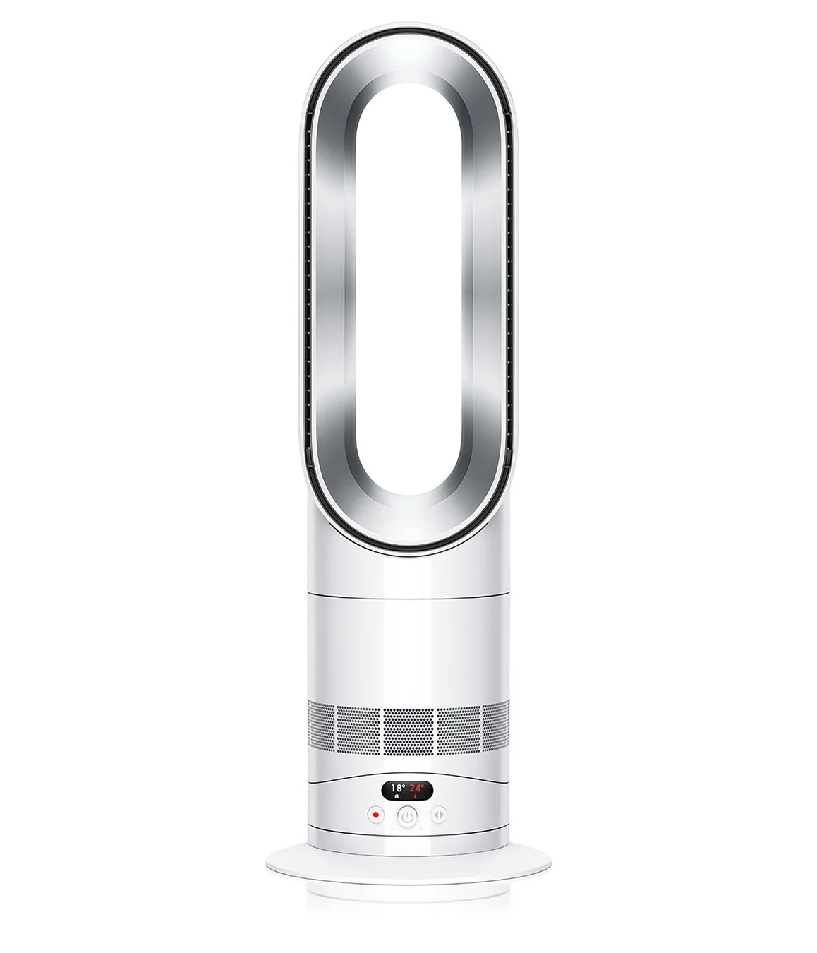 白い背景に置かれた、モダンでスタイリッシュな白いダイソンの羽根なし扇風機兼ヒーターです。