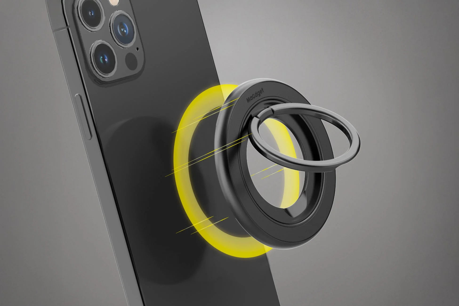 スマホに装着されたリング、光の演出あり