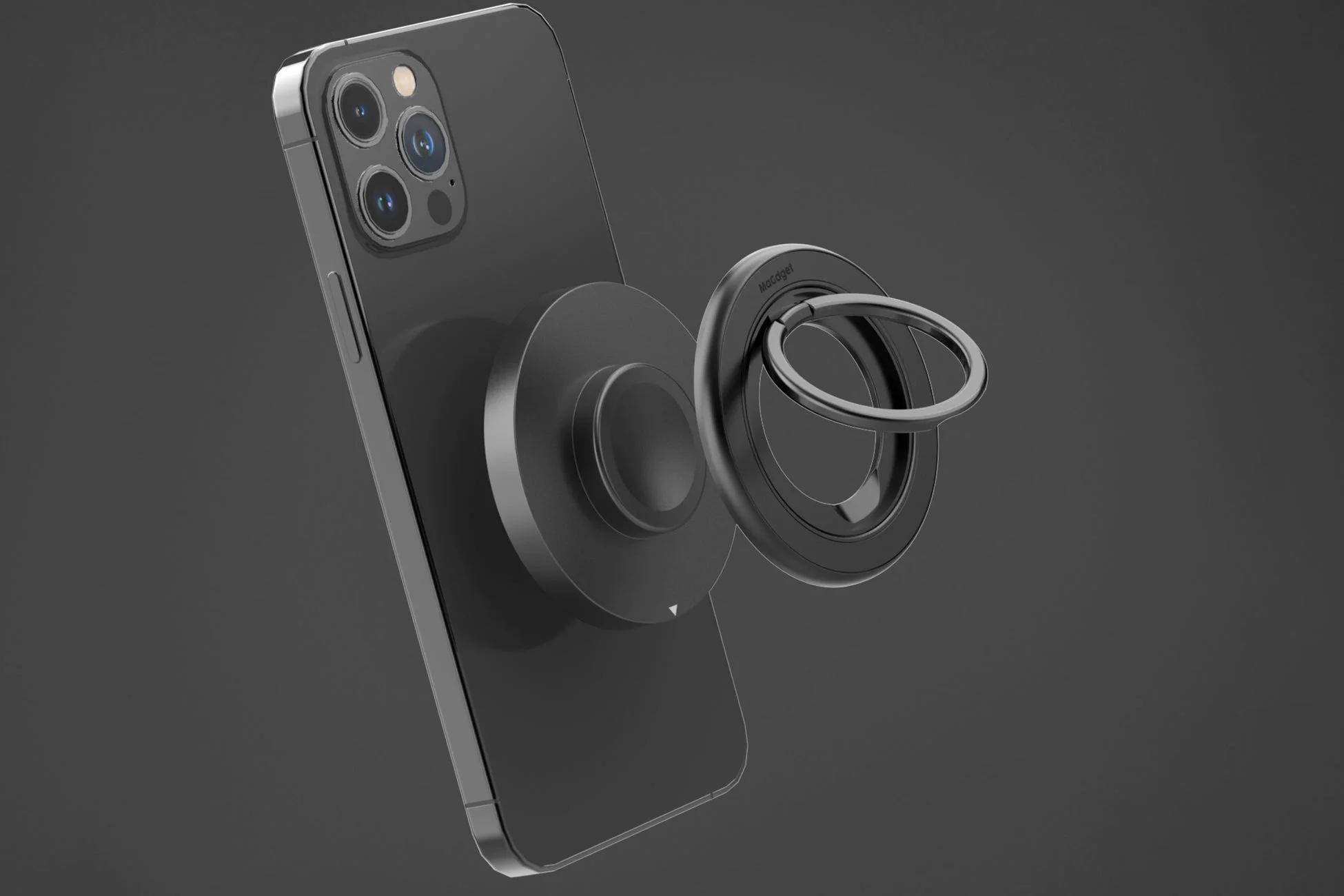 スマホに装着されたSpin Ringが、別のスタンドに吸着している様子