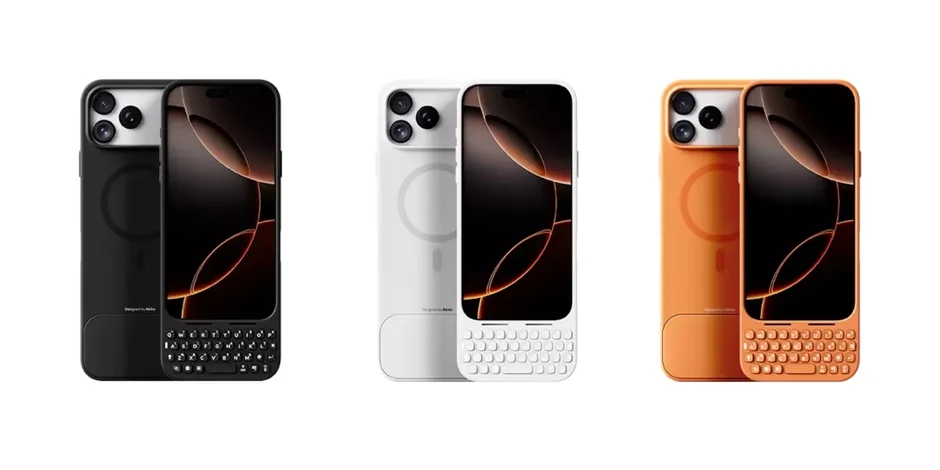 物理キーボードが装着された3色のiPhoneとケースのセット