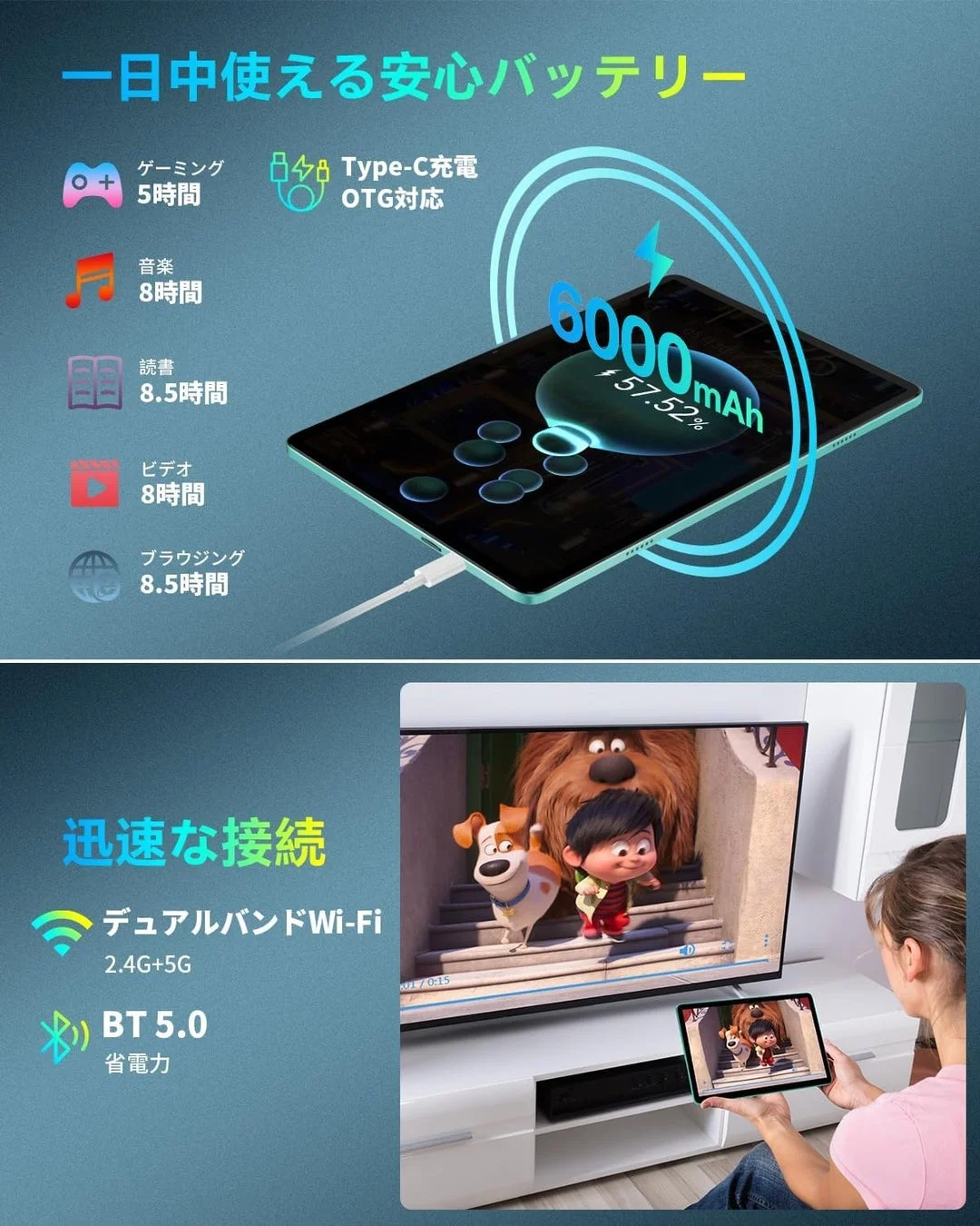 長時間バッテリーと接続機能