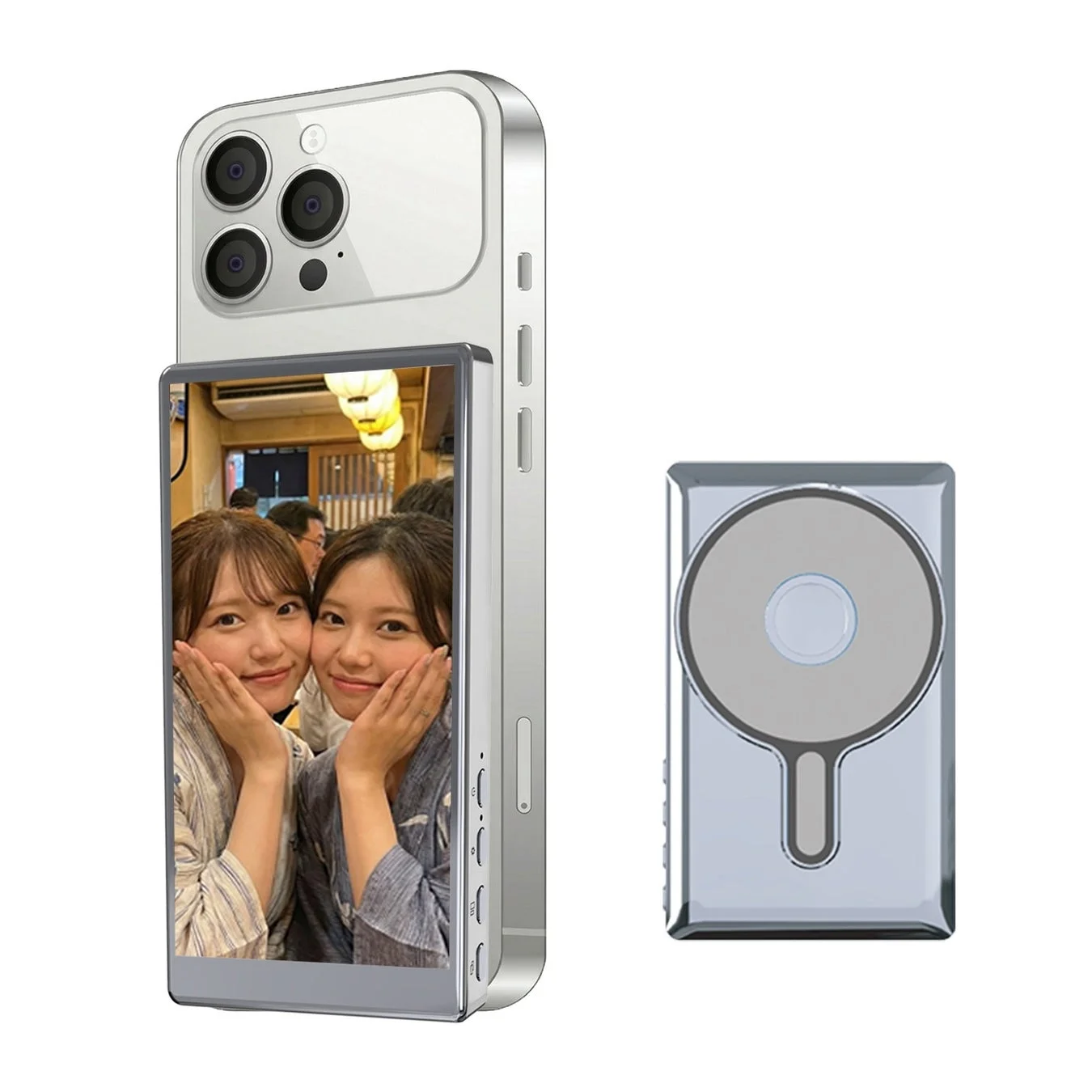 iPhoneに装着されたCamee Neoと女性たち