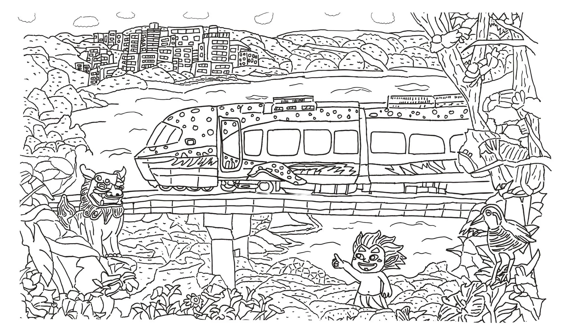 列車と沖縄風景の塗り絵