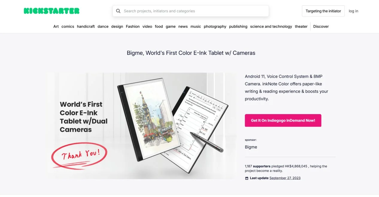 Bigme inkNote ColorのKickstarterページ