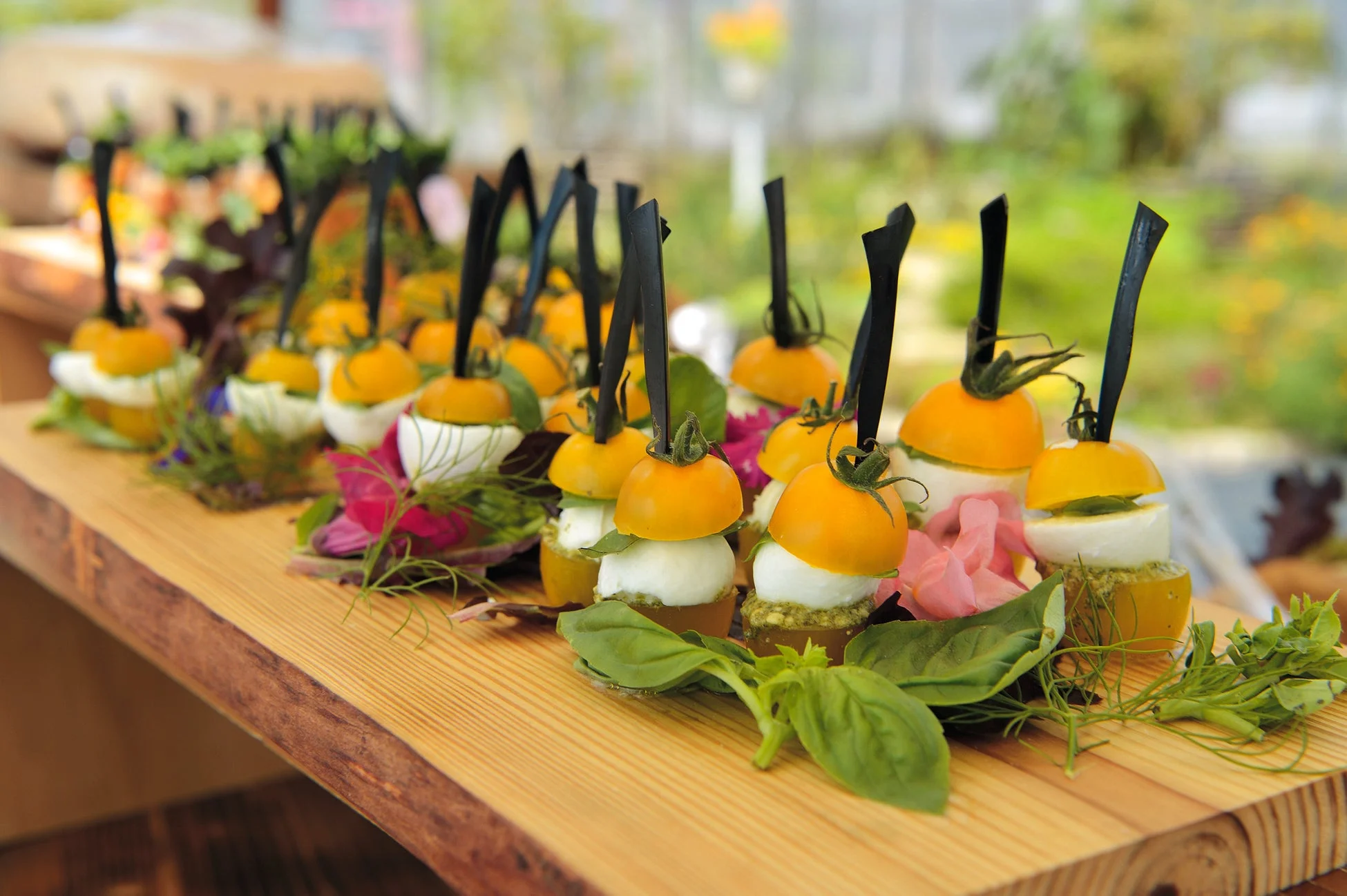 木製のボードに美しく盛り付けられた一口サイズのオードブル