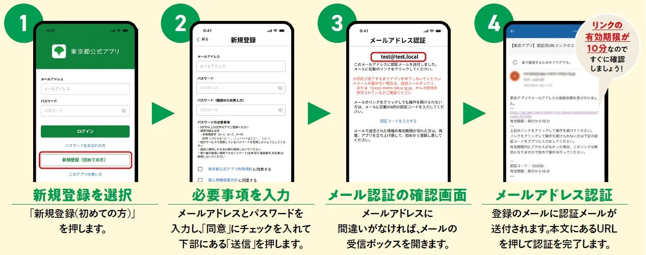 東京都公式アプリの新規登録とメール認証のステップ