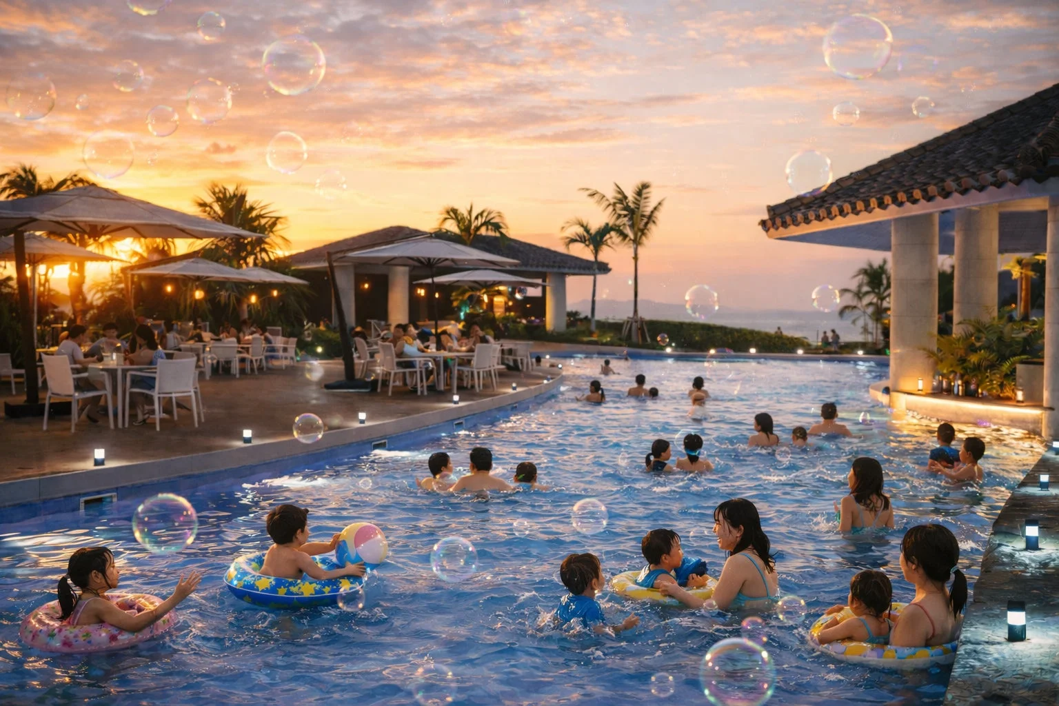 夕焼け空の下、大勢の家族連れや子供たちが屋外プールで楽しんでいる様子