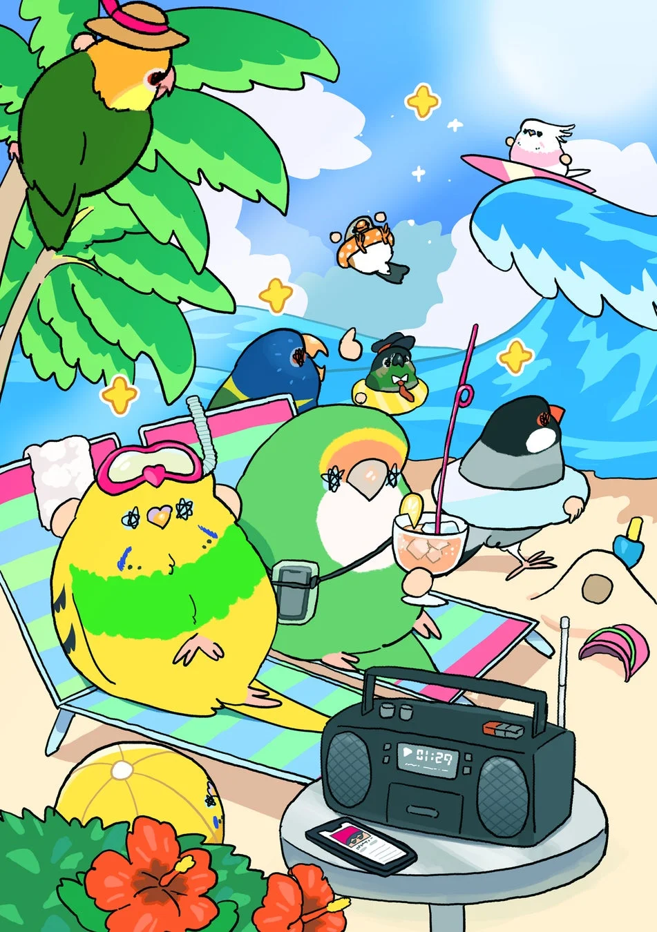 ビーチでくつろぐ鳥たちのイラスト