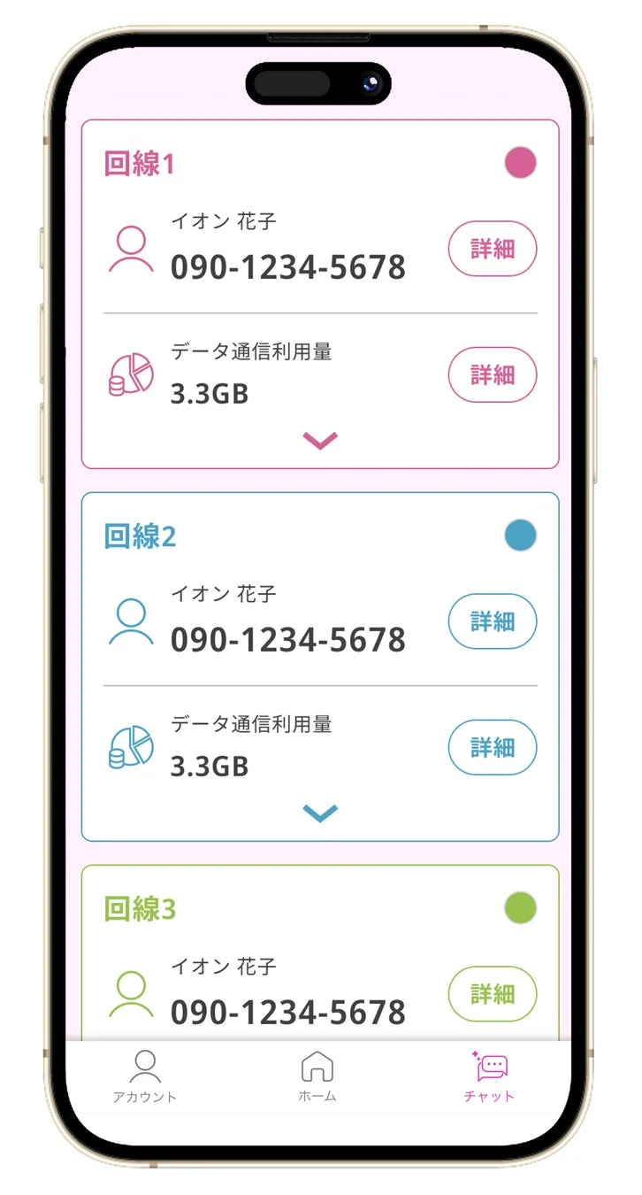 イオンモバイルアプリ回線一覧画面
