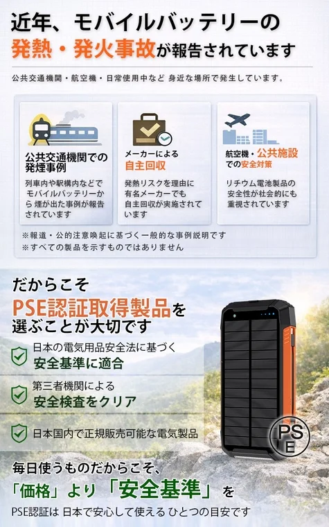 モバイルバッテリーの発熱・発火事故が増加し、PSE認証取得製品の選択が重要だと訴求