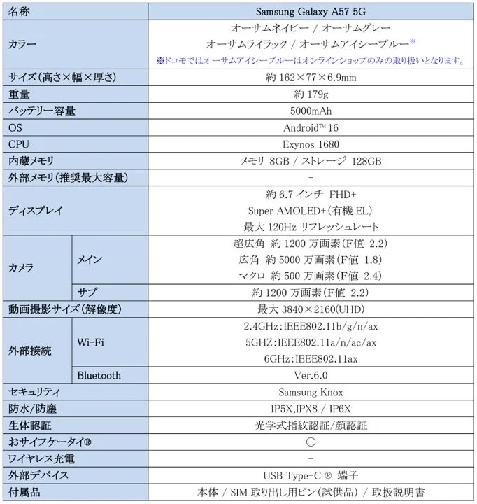 Galaxy A57 5G 主要スペック