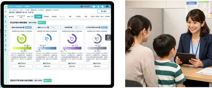 児童の安全評価システムが稼働するタブレット画面