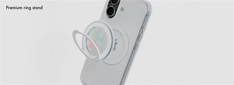 白いスマートフォンに、プレミアムな白いリングスタンドが取り付けられている様子を捉えた画像です。