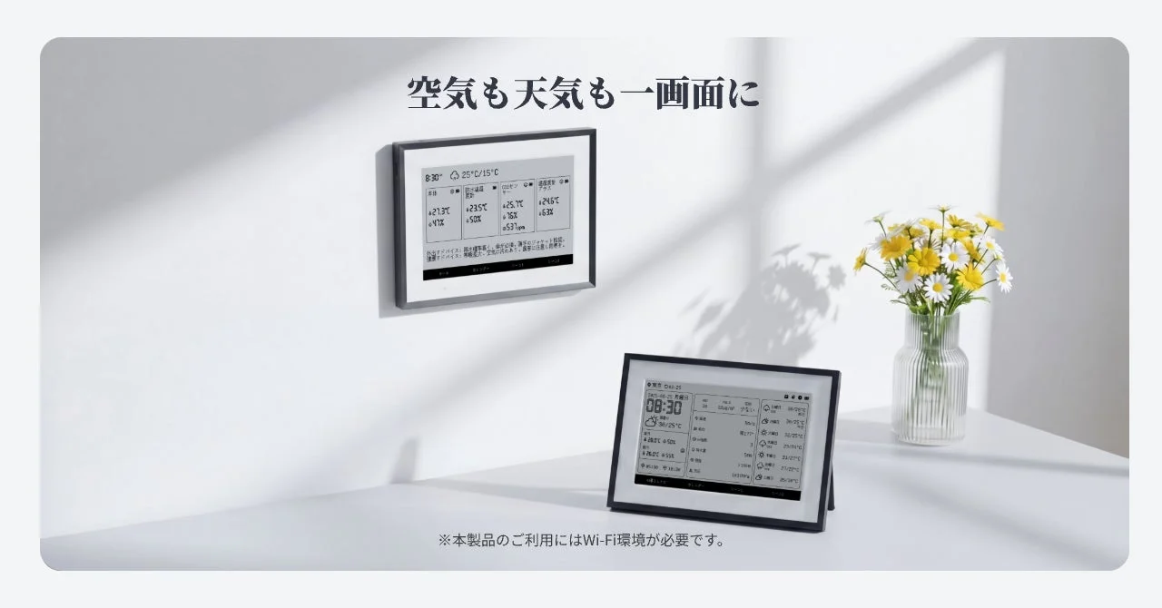 空の質、天気予報、温度、湿度などを一画面で表示するスマートディスプレイ