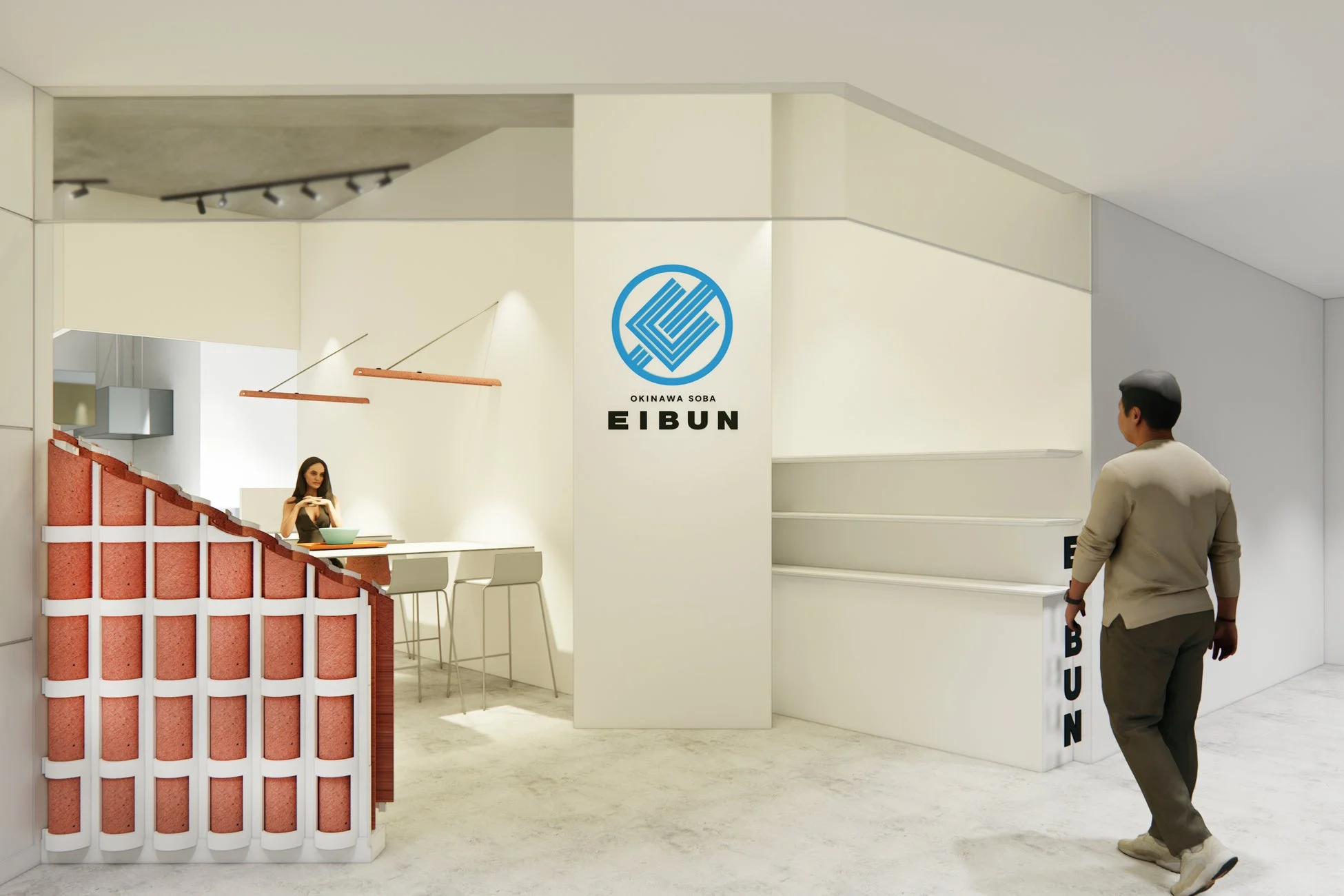 沖縄そば店のモダンな内装デザインのレンダリング画像