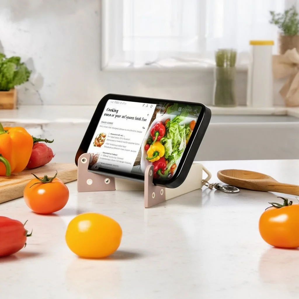 キッチンでのカードホルダー付きスマートフォン