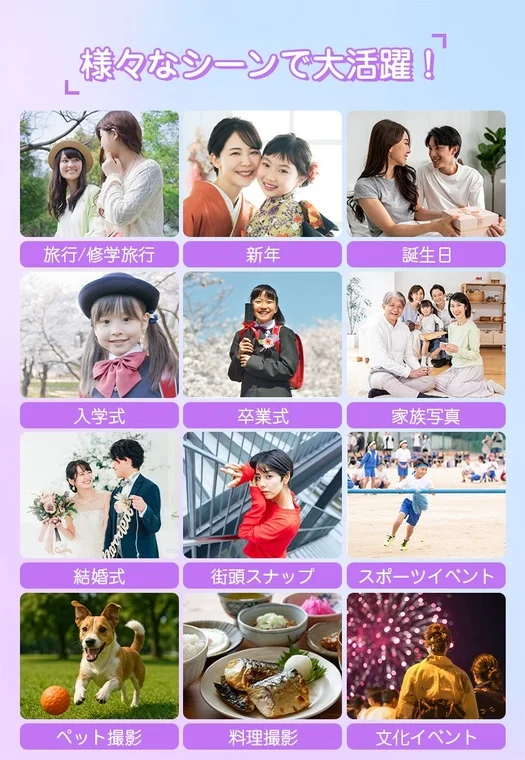 旅行、新年、誕生日、入学式、卒業式、結婚式など、人生の様々なシーンやイベントを12枚の写真で紹介