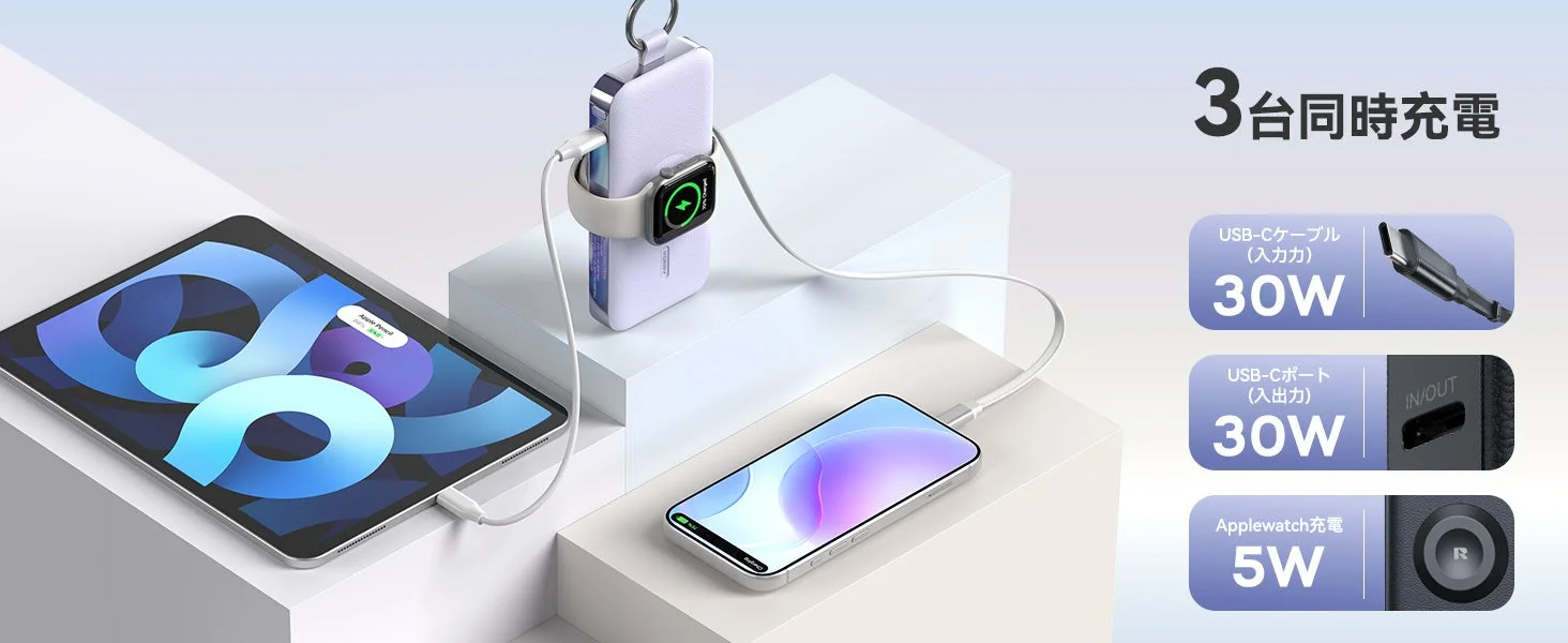 RORRY 12000mAh・巻き取り式ケーブル内蔵モバイルバッテリー