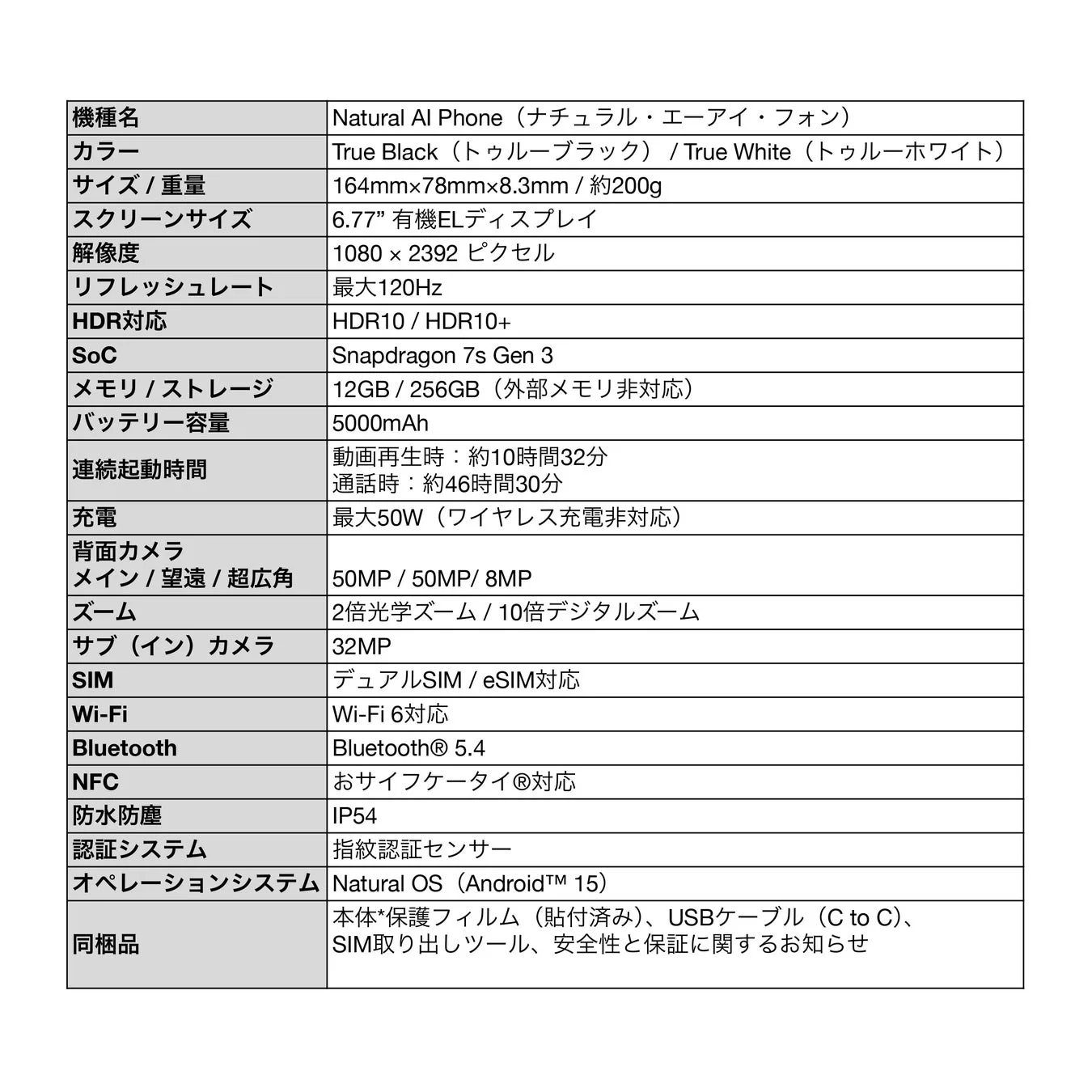 Natural AI Phoneの詳細な製品仕様
