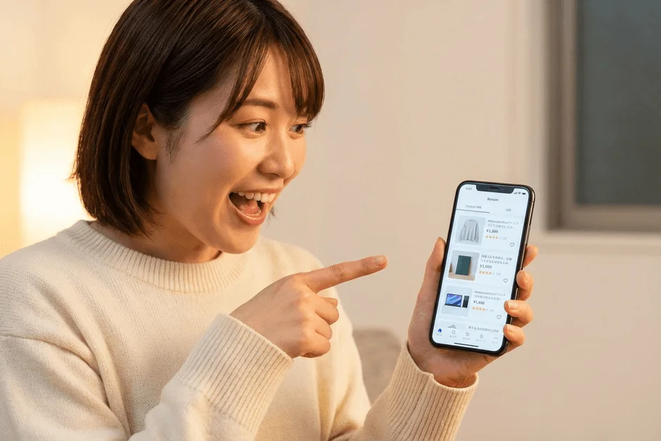 若い女性がスマートフォンを興奮した表情で見つめ、画面上のオンラインショッピングアプリを指差しています。