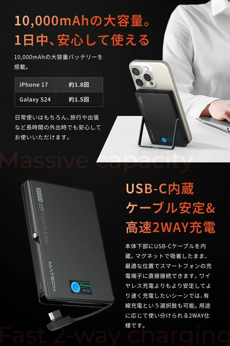 10,000mAh大容量とUSB-Cケーブル内蔵