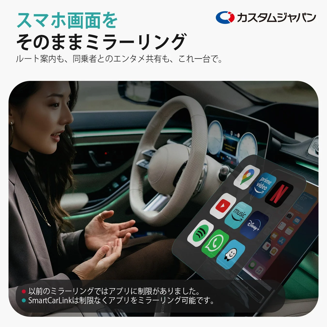 スマホ画面をそのままミラーリング、同乗者エンタメ