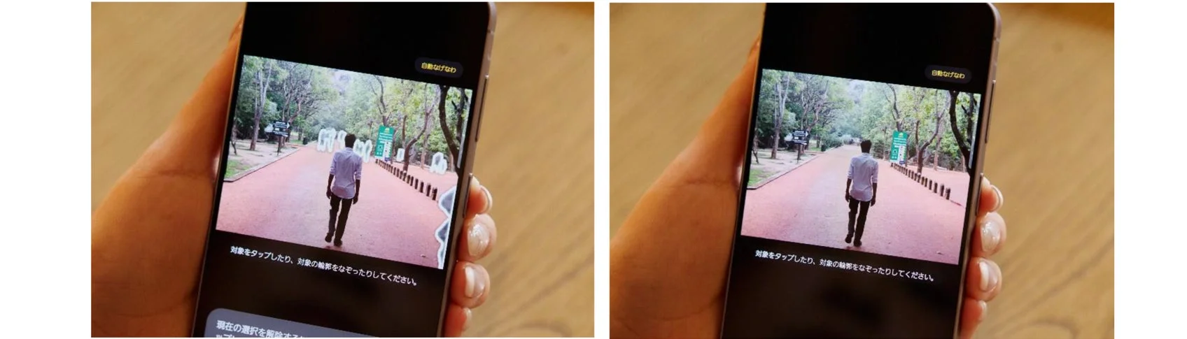スマートフォンで画像編集アプリを使用している様子。画面には公園の道を歩く人物が映っており、『自動なげなわ』機能で被写体を選択する指示が表示されている。