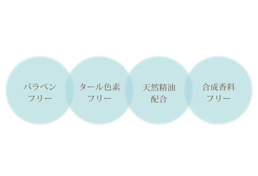 パラベンフリー、タール色素フリー、天然精油配合、合成香料フリー