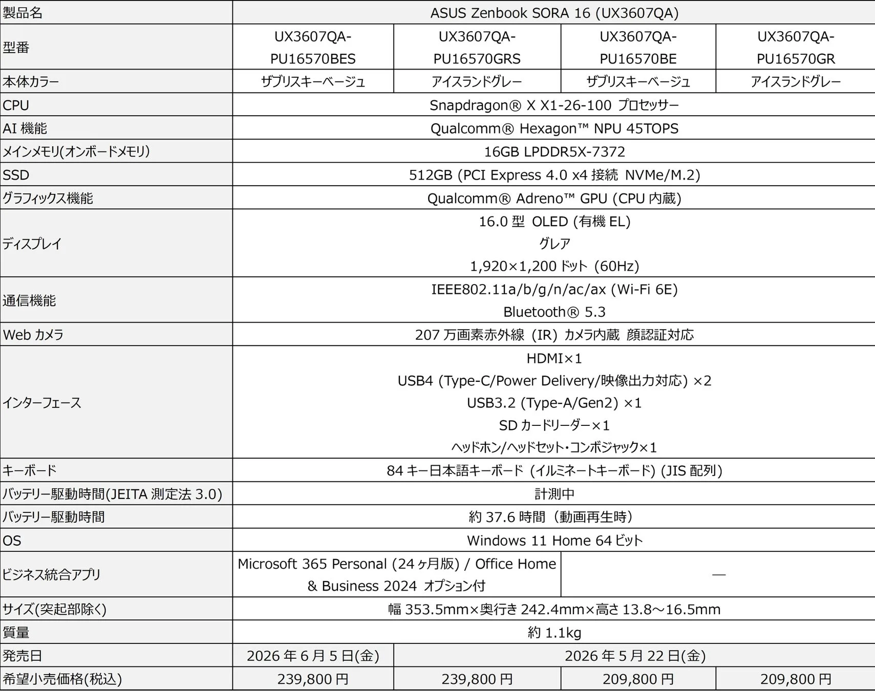 ASUS Zenbook SORA 16 (UX3607QA) 製品スペック表