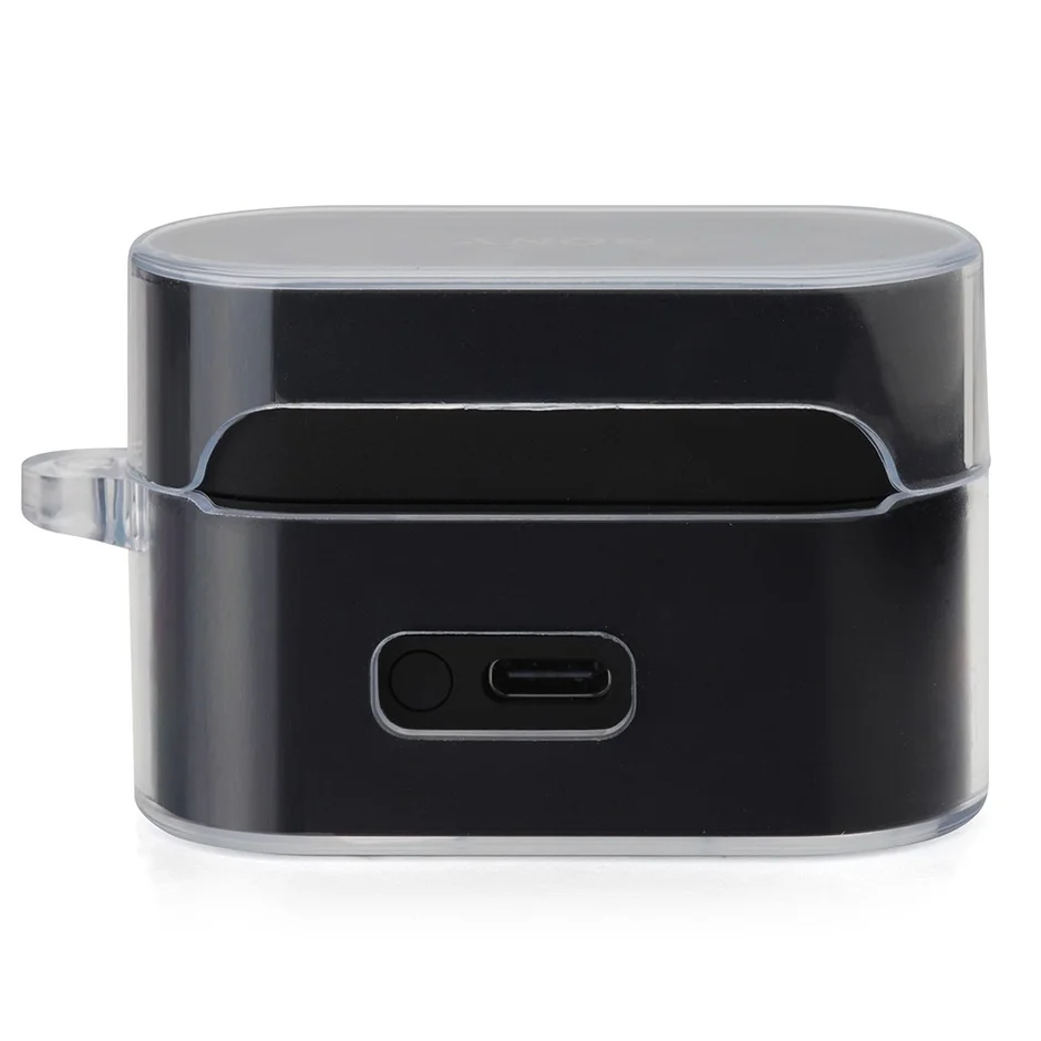 透明ケースに覆われた黒い充電ケース、USB-C、SONYロゴ