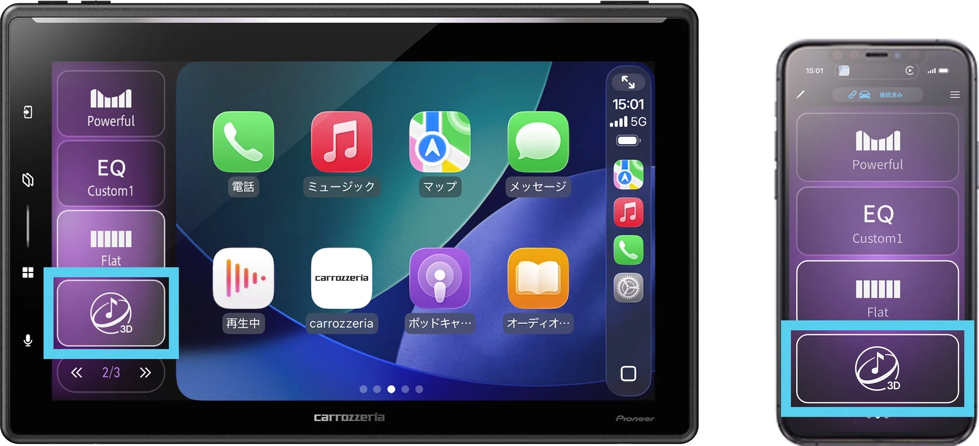 カーナビ画面とスマートフォン画面が並んで表示されており、両方でオーディオ設定やアプリが表示されています