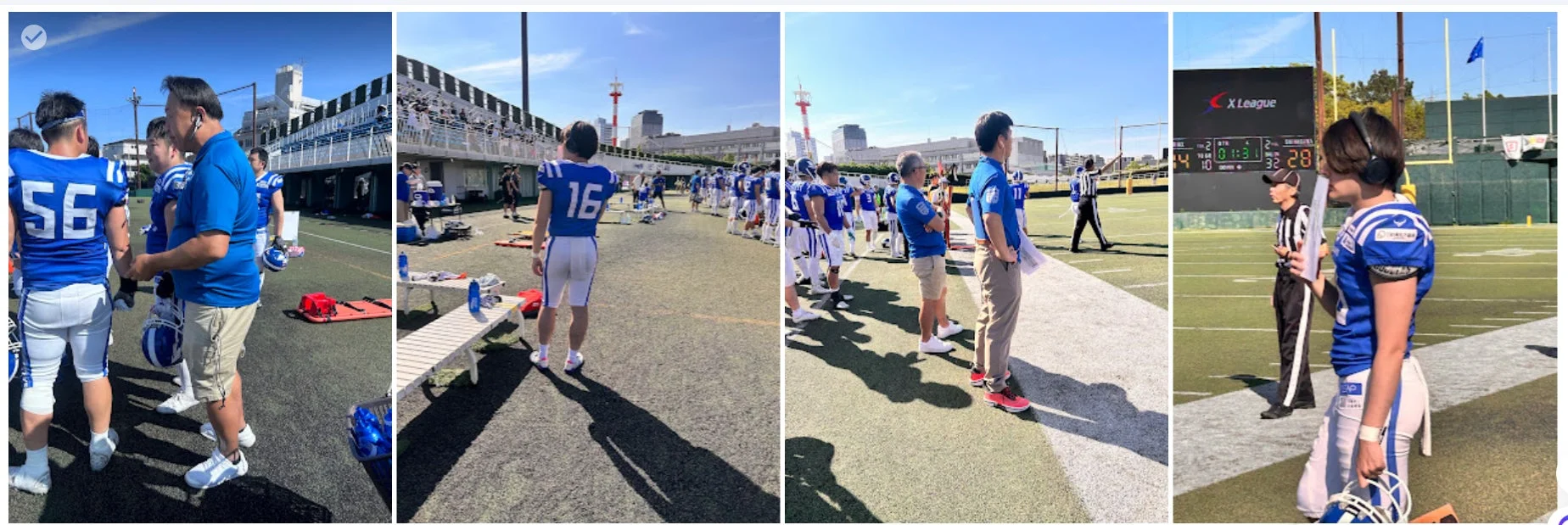 アメリカンフットボールの試合または練習風景が写っています。