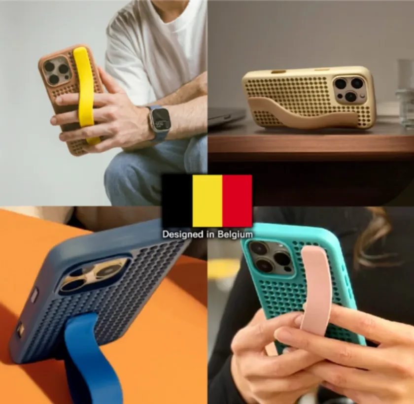 ベルギーでデザインされたiPhoneケースの紹介画像です。様々な色のケースがグリップやスタンドとして使用できる様子が写っており、機能性とデザイン性を兼ね備えています。