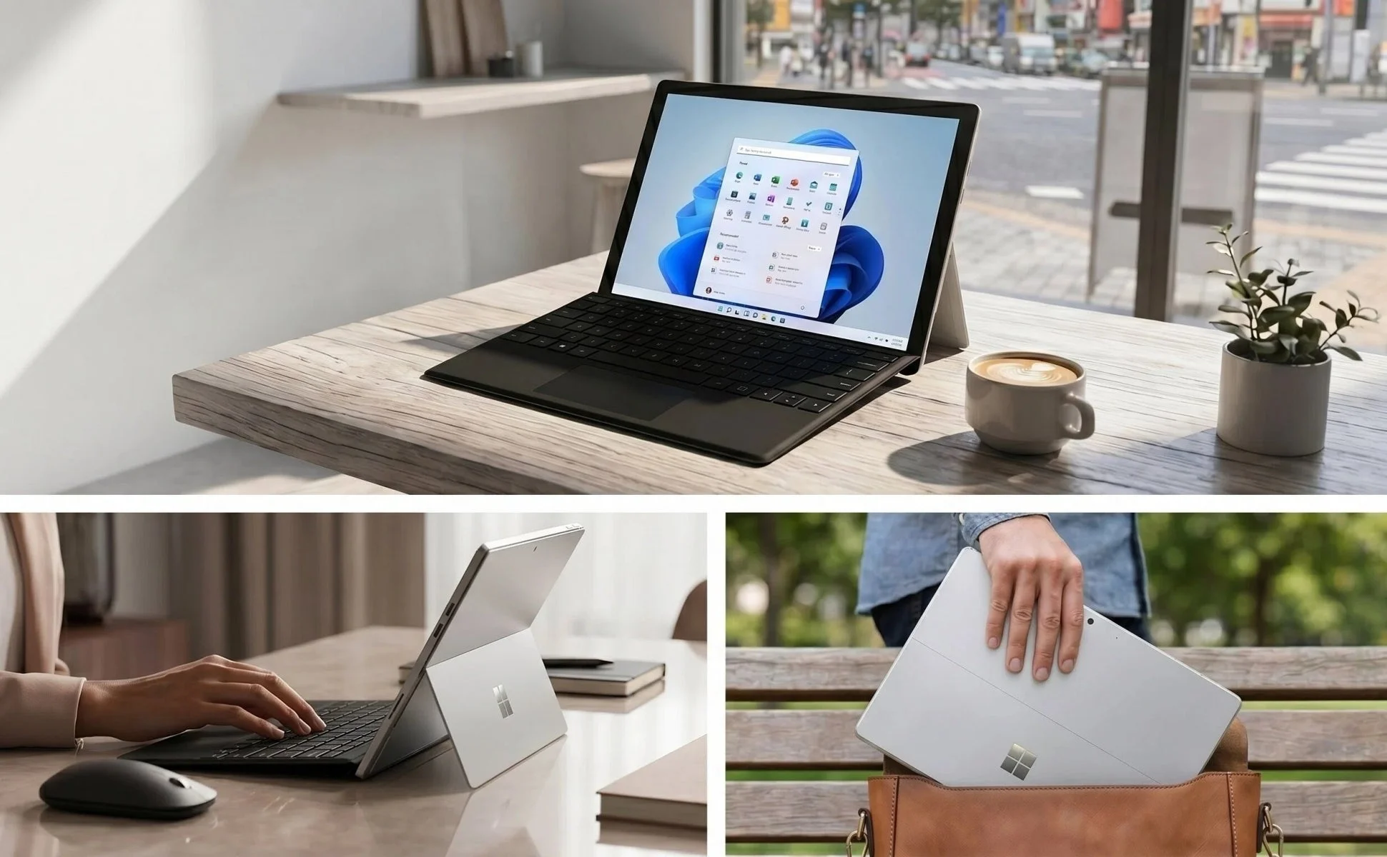 複数の場面でMicrosoft Surfaceのようなデバイスが使われている様子