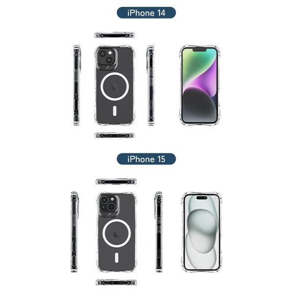 iPhone 14とiPhone 15用の透明な保護ケースを比較して紹介する画像です。