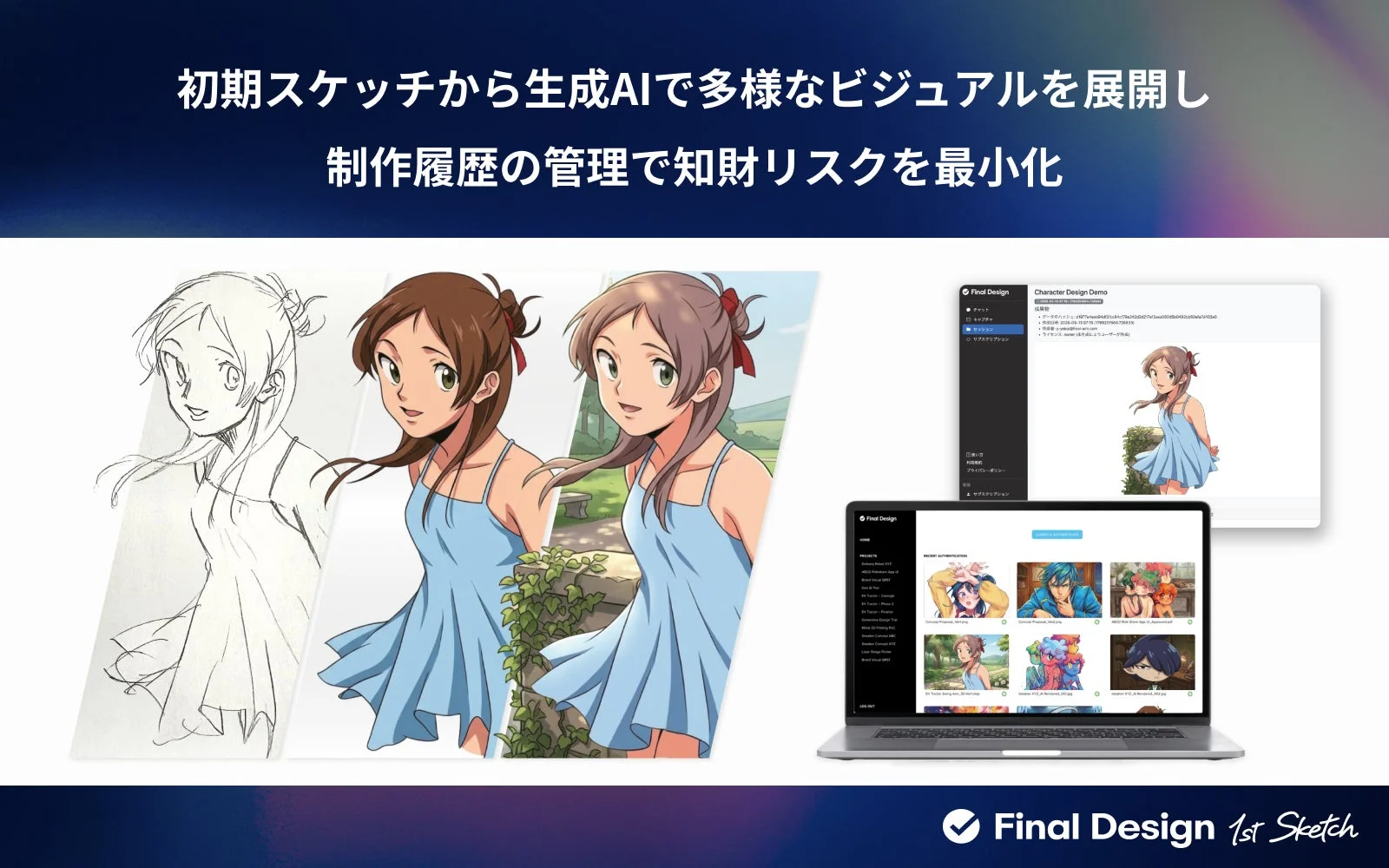 初期スケッチから生成AIで多様なビジュアルを展開し制作履歴の管理で知財リスクを最小化Final DesignCharacter Design DemoRecent AuthenticationFinal Design 1st Sketch
