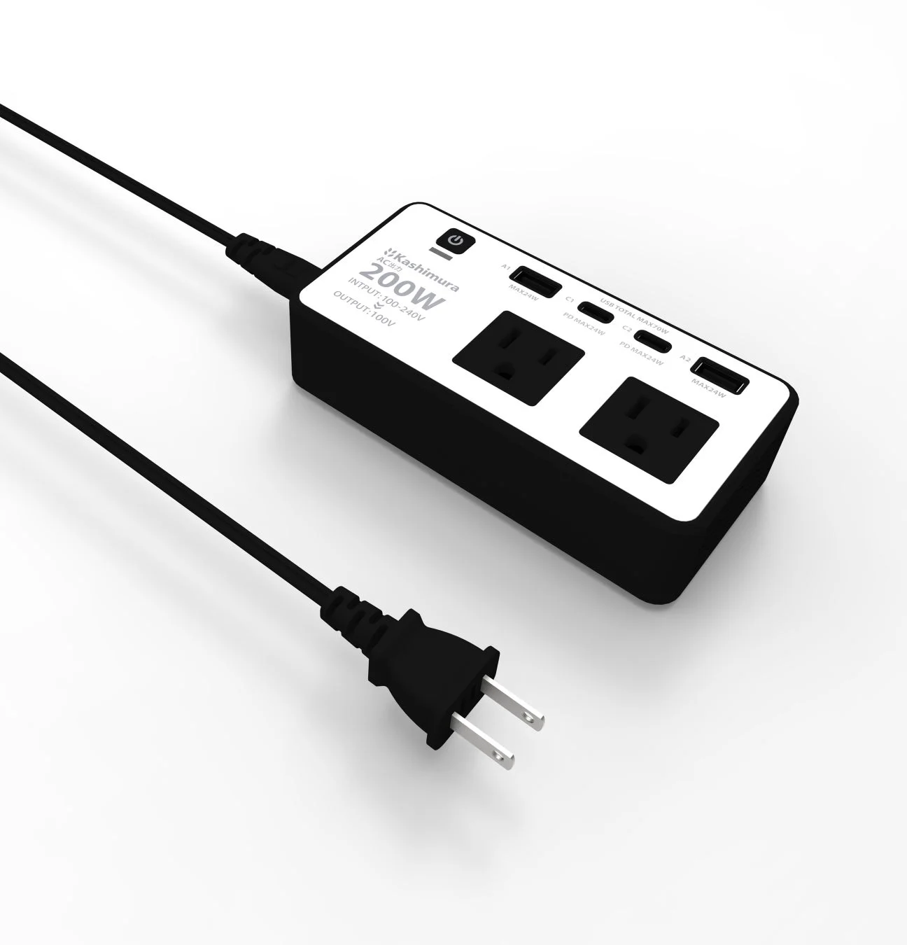 白い背景にKashimura AC-22電源変換器。200W対応で、ACコンセント2口とUSBポート4口（USB-A/C PD）を搭載。海外旅行時の電化製品利用や充電に便利な多機能トラベルアダプター。