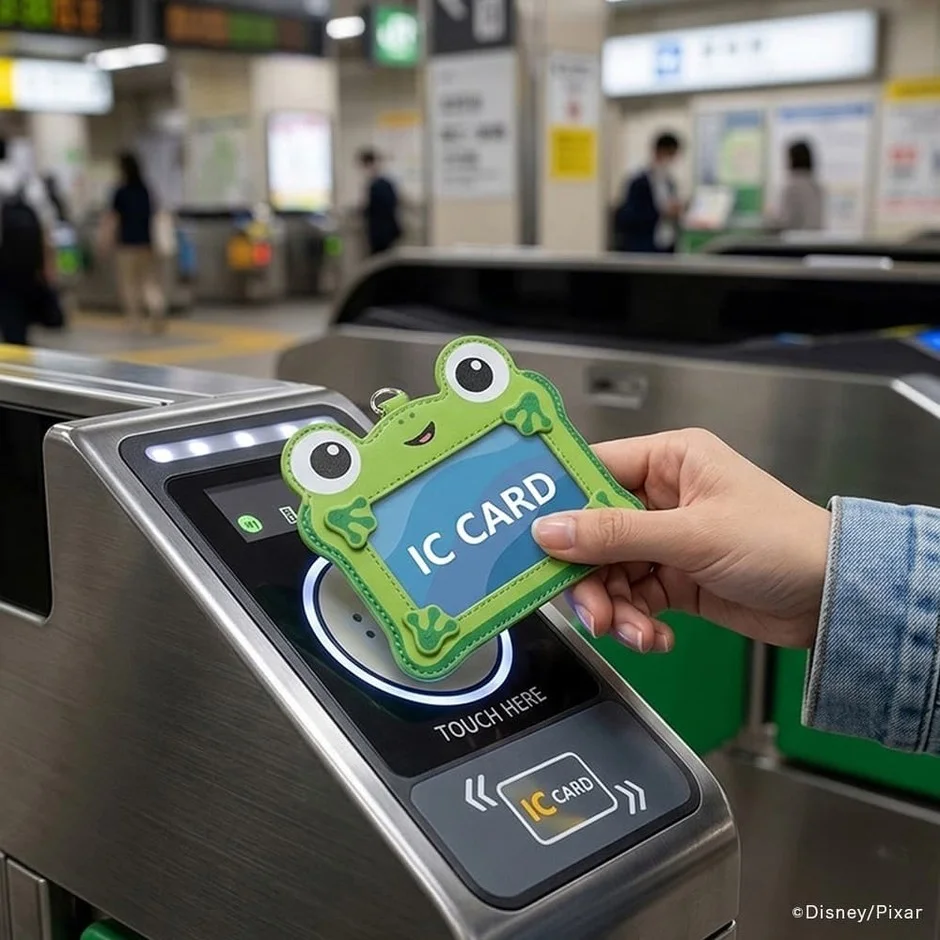 改札でカエル型ICカードをタッチ