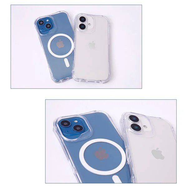 MagSafe対応のクリアケースを装着した青と白のiPhoneが並べられている画像です。