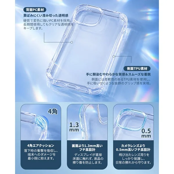 黄ばみにくいPC素材と手に馴染むTPU素材を採用したスマホ用クリアケース。
