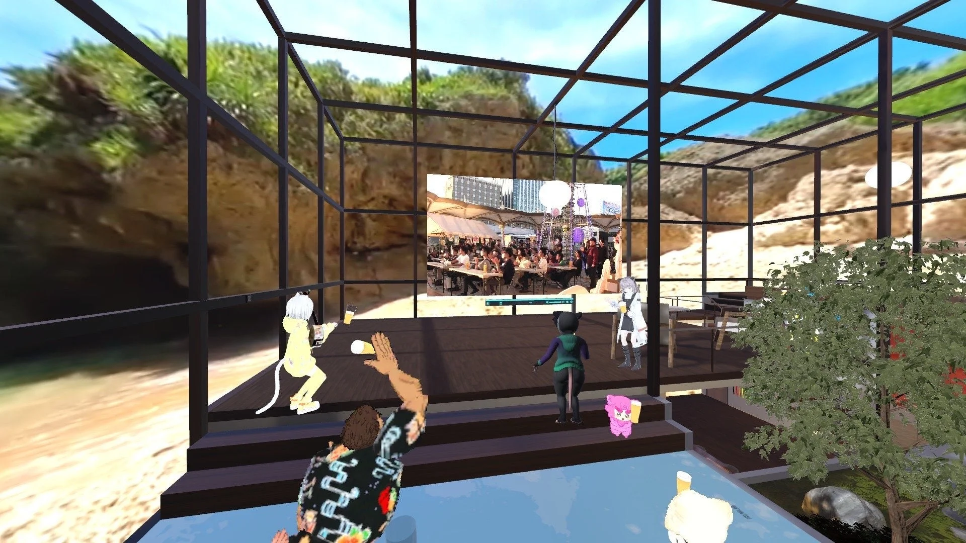 VRChat会場でライブ配信を視聴するアバターたち