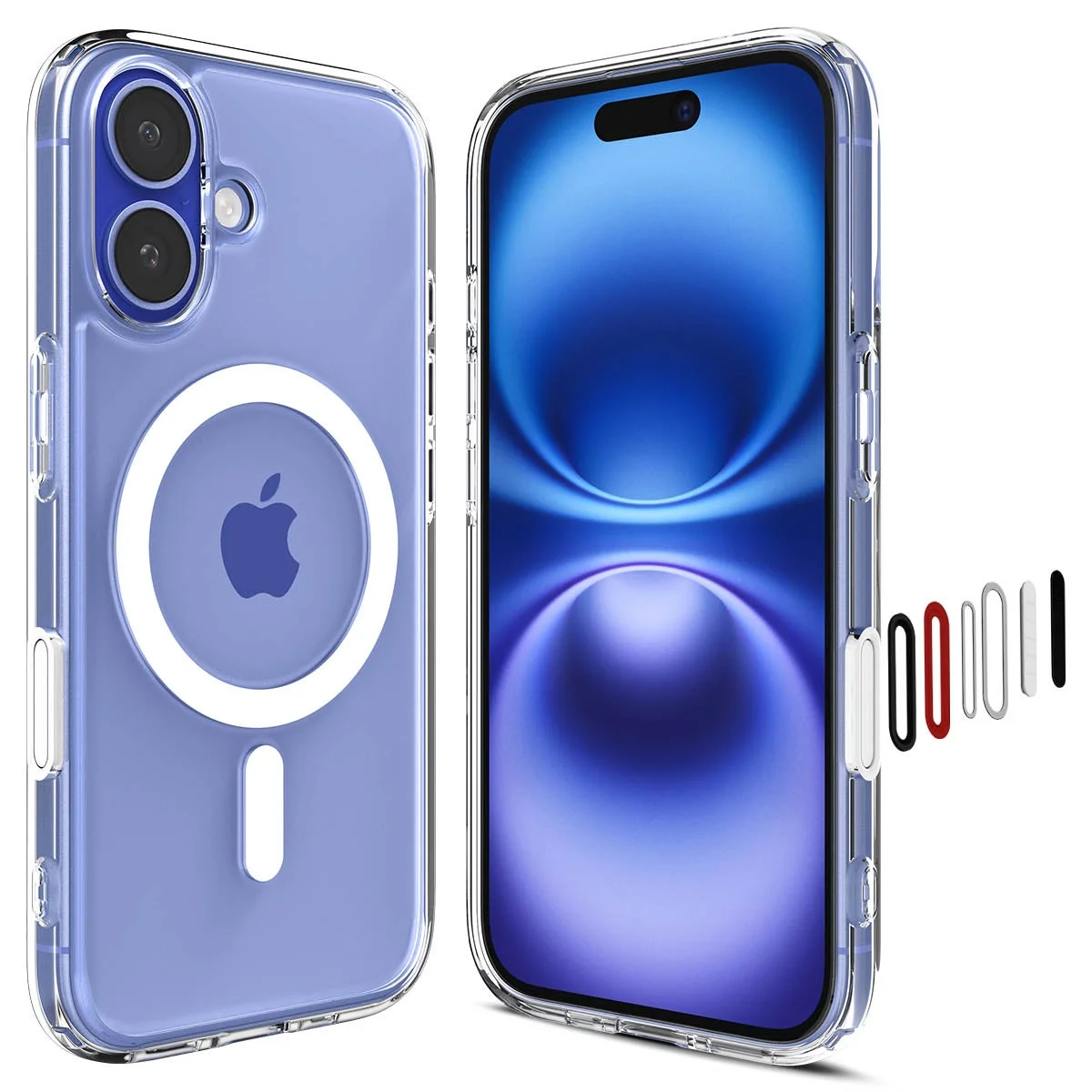 MagSafe対応のクリアケースを装着したパープル色のiPhoneと、ボタンの色が変更できるクリアケース