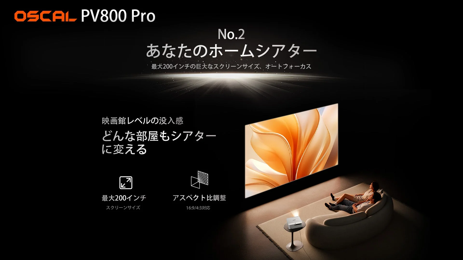OSCAL PV800 Proの最大200インチ大画面とホームシアター