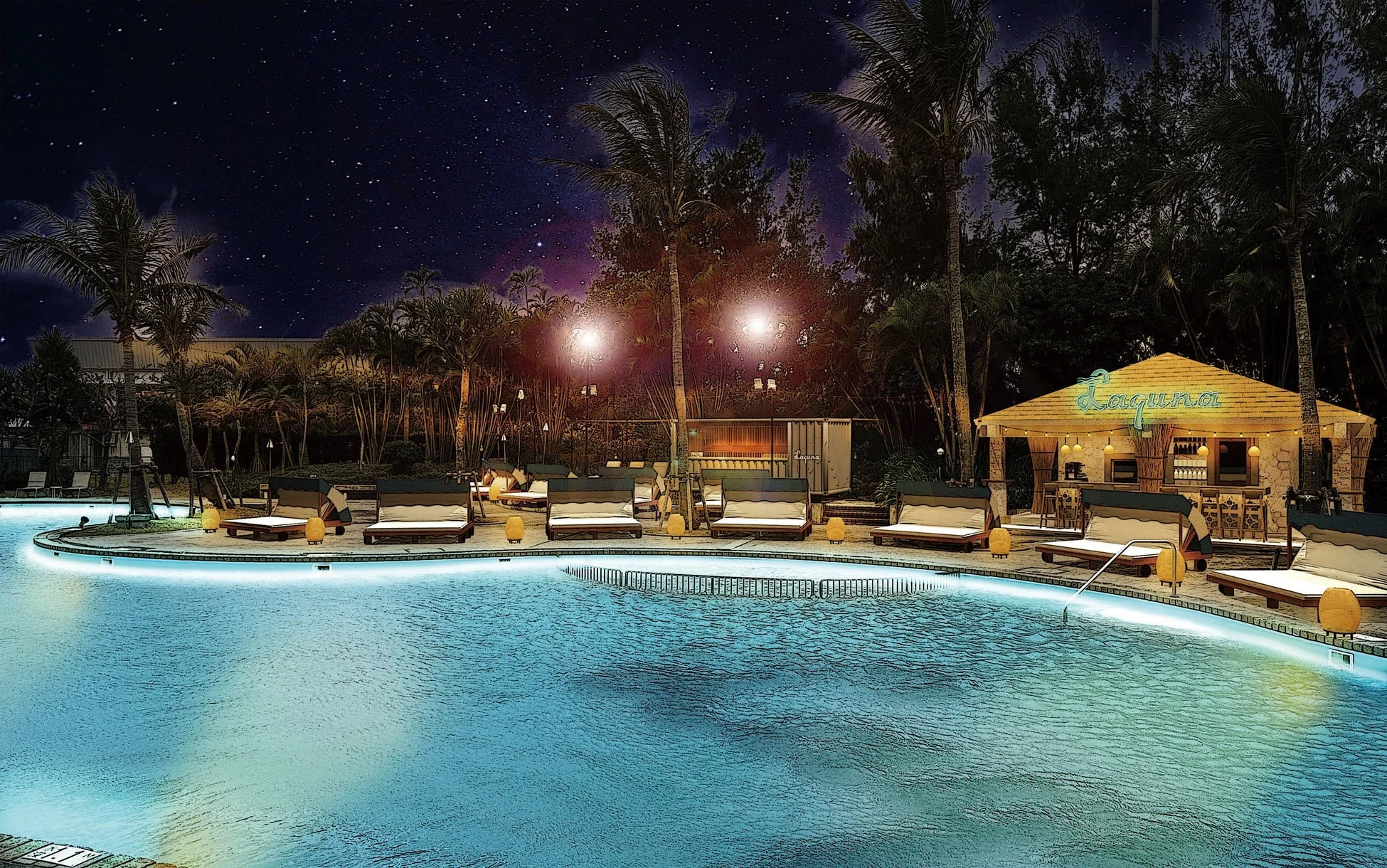 夜景のリゾートプールエリア