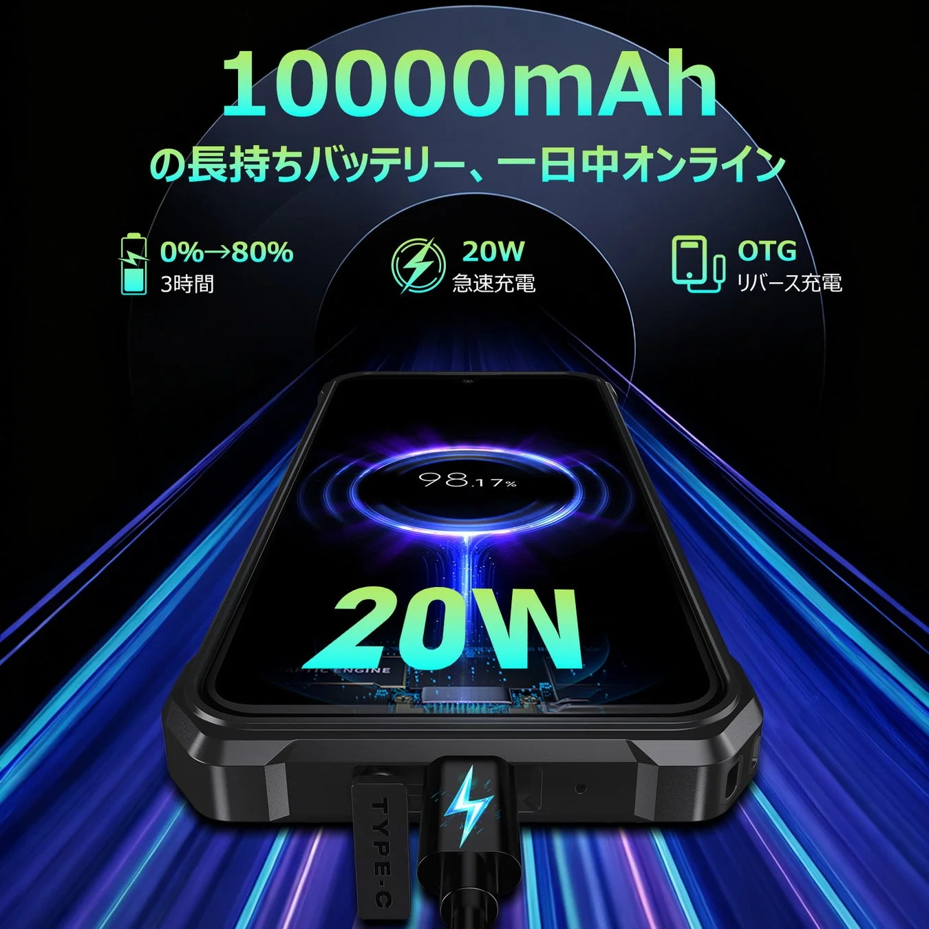 10000mAh超大容量バッテリー