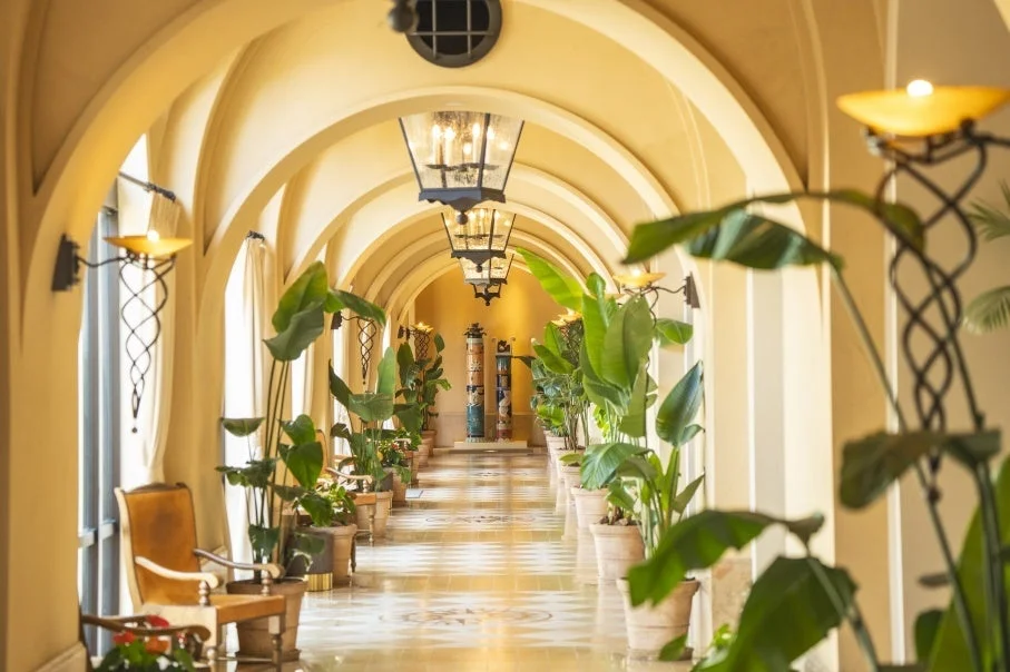 ホテル、回廊、廊下、豪華、植物、緑、建築、アーチ、照明、インテリア、リゾート、ラグジュアリー、落ち着いた、エレガント、室内庭園、熱帯植物