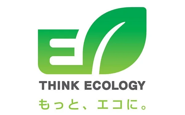「E」の文字と葉の形を組み合わせた緑色のロゴで、「THINK ECOLOGY」と「もっと、エコに。」というメッセージが添えられています