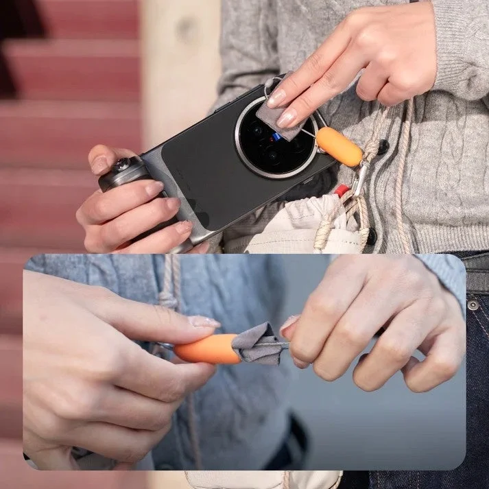 ショルダーストラップに内蔵されたレンズクリーニングクロス