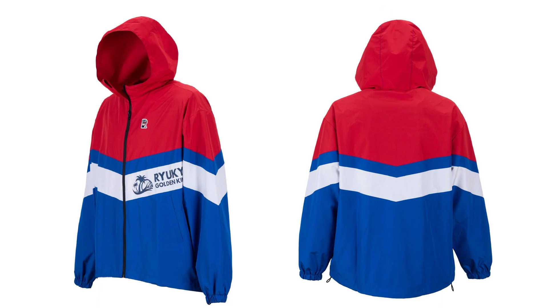 トリコロールカラーのフード付きジャケット